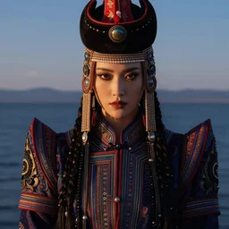 beautiful portrait of a sexy mongolian queen goddess in a sensual pose, sexy face, centered face, atmospheric lighting, intricate, volumetric lighting, beautiful, rich deep colours masterpiece, sharp focus, ultra detailed, in the art style of bowater, charlie, with lake baikal in the background
