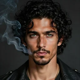 handsome!! hyper realistic man with curly black hair, tan skin, green eyes, anchor goatee, smoking | art by hirohiko araki & jean giraud & artgerm