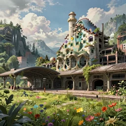a beautiful photorealistic rendering of urbex abandoned industrial architecture city building train station nature architecture unfinished building by antoni gaudi, futuristic elysian dieselpunk san andreas flowers universe uv light meadow studio ghibli cgsociety rainforest, archdaily, wallpaper, highly detailed, trending on artstation.