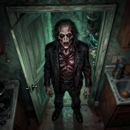cinematic colorful horror artwork by artgerm, beksinski, bernie wrightson, stephen king ; real life full portrait of rotten hideous man standing in front of kitchen door ; top angle aerial view ; dark ominous scary, 8 k hdr, creepy intricate ; volumetric dramatic lighting, insanely detailed, haunting