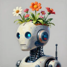 a 3 d vaporwave painting by syd mead of a bipedal robot head with flowers growing out of the top, trending on artstation, masterpiece, incredible details