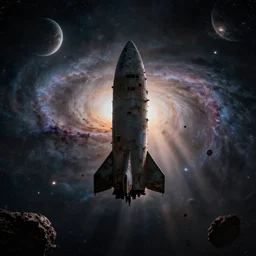 a derelict rocket ship floating on the edge of a dark nebula with a spiral galaxy in the background, planets and stars, debris asteroids scrap metal, silhouette, close up, crepuscular rays, dramatic lighting, cinematic, fantasy science fiction, style of 1 9 7 0 s alien, spooky, dark moody, octane render 4 k