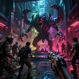 a cyberpunk 2 0 7 7 game realistic graphic firstperson game screenshot of a hp lovecraft monster boss fight in interior in vibrant dark world full of zombies, realistic, ultra setting, highly detailed, fps game, game of the year, raytracing on, rtx 3 0 9 0 ti, gta v, death stranding game