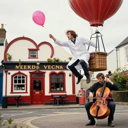 A deranged scientist creates chaos from a flying balloon while sitting on the rim of the balloon's basket. On the ground, a man is playing a cello in front of a heart-shaped Irish pub.