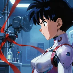 dbz screenshot. intense sidelong stare. close face portrait. dr. gero's secret red ribbon laboratory bg. scene of beautiful pretty lithe feminine cybertronic android 1 8 painted by norman rockwell. character designed by hideaki anno. bodysuit. digital. lighting by james gurney. trending on artstation. masterpiece. artgerm mucha rutkowski.