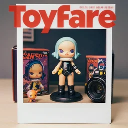 toyfare magazine cover of cyberpunk figurine and accessory limited edition. studio lighting. 3 5 mm f / 2. 8 macro lens. cozy polaroid - w 7 6 8