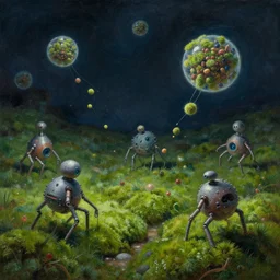 nanomachines gathered nitrogen from the air and herded it together into floating spores ; inside the spores, other machines rearranged the materials into simple nutrients to keep the moss green and healthy during the night painting by william higginson, kopera, anton fedeev, marc simonetti