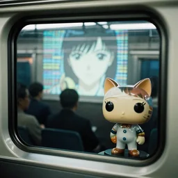 fuji 5 0 r, 3 5 mm, hyperrealism ; closeup ran film still of busy shinkansen interior with window view ; in the background projection of beautiful matrix film still of seinen manga funko pop cat statue in style of 1 9 9 0 frontier in extreme closeup porcelain photography magazine architectural studio edition, highly detailed, cinematic lighting, 8 k