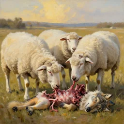 sheep eating, a wolf carcass, wolf carcass, oil paintig, artstation, concept art, national geographics, golden hour, beautiful, 6 0 0 mm