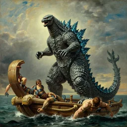 godzilla attacking the raft of the medusa, painting by lawrance alma - tadema, hyper - realistic, highly detailed
