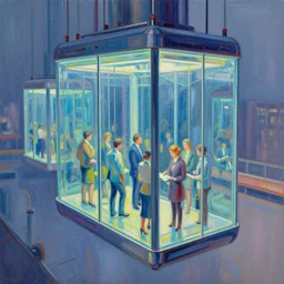 view of modern futuristic levitating glass box elevators, floating, no cables, business people, detailed luminescent oil painting 4 k