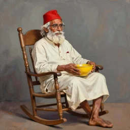 a painting of an old indian man with a red hat, beard, and glasses sitting on a rocking chair holding a yellow bowl