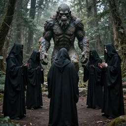 black robed group of occultist worshipping a bigfoot statue