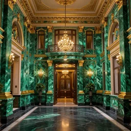 a realistic photo of a large lavish victorian style mansion entrance hall made entirely of malachite with golden accents on the walls, and a dark marble floor; cinematic lens, 8K award-winning photo
