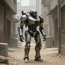 a film still from ready player one by james paick, a military mech patrols the narrow alley of an urban dusty city, vibrant, 5 0 mm lens, video game character and environment design, behance hd, studio, dramatic lighting, cinematic, global illumination, trending on artstation, bloom