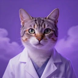 portrait of a cat scientist. closeup. purple lighting, clouds, bloom. fantasy, digital painting, hd, 4 k, detailed.