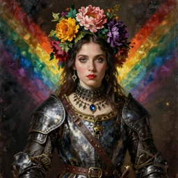 portrait of a medieval warrior gina gershon, goth punk, floral flowers, rainbow colors, surreal, a flemish baroque by alexander mcqueen, art by john collier by greg rutkowski and craig mullins, oil on canvas