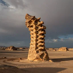 wide landscape photo of a desert pedestal!!!! rock formation in the distinct!!! shape of a vertebrae!!!!!!!!