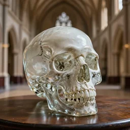 macro shot of a glass skull sitting on a table in the hall of a great castle