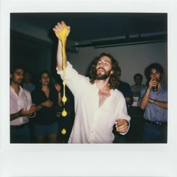 Jesus wasted at a party, throwing up yellow liquid chunky vomit. Polaroid photograph.