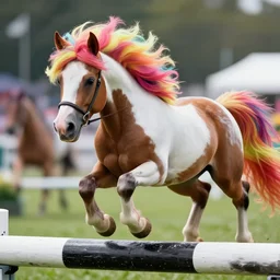 action shot from a distance of 2 0 m of a hybrid my little pony ( appaloosa horse ), professional, high quality, fluorescent colored mane, a horse is at a steeplechase event, 4 k, dof, bokeh, action, dramatic lighting, photorealistic, detailed, hq, photorealism, digital art