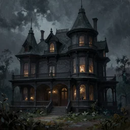 dark victorian mansion, haunted house, dark fantasy landscape, oil paint, realistic render, high detail