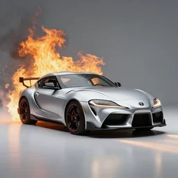 Toyota Supra driving trough fire, 8k UHD, studio photography, high quality, high detail, stunning lighting