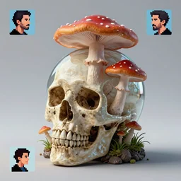 3 d render, photoreal, hyperreal, photorealistic, hyper - realistic, 3 d, octane render, 8 k, magick mushrooms inside of the glass - skull with profile picture by luis toledo and alex grey and beeple. neo - surrealism. digital art, pixel art, concept art, octane render, trending on cgsociety, trending on artstation
