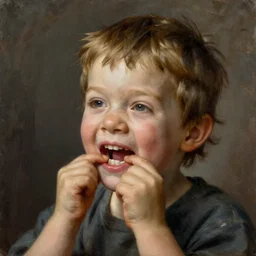 the kid lost another tooth, oil painting, renaissance, 4k, ultra realistic, dynamic lighting, art station, ultra quality