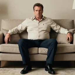 full body photo of steve, mature male, mysterious face. he is a doctor. he is sitting gracefully on a sofa, elegant slim beige shirt. he has significant belly