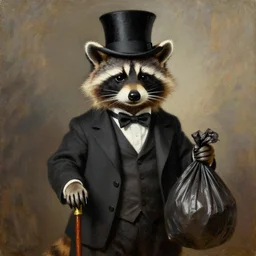 a raccoon wearing formal clothes, wearing a tophat and holding a cane. the raccoon is holding a garbage bag. oil painting in the style of rembrandt