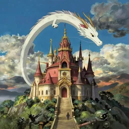 a magical palace on a mountain, a white dragon spirit flying in the sky, miyazaki's animated film, ghibli studio,