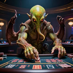 photo of cthulhu playing in a casino, realistic, highly - detailed, sharp focus, award - winning