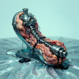 mechanical mitosis, chiaroscuro!, minimalism, sfumato!, flesh bound to metal, loose wires, black oily ooze, hyperrealism, surrealism, realistic cyan shaded lighting, vibrant, cell shaded, reflective fabric, reflective surfaces, by ilya kuvshinov and greg rutkowski and gil elvgren