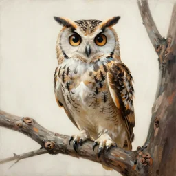 masterpiece painting of a a majestic owl with wide eyes, perched on rustic tree branch, by Greg Rutkowski and John Collier and Krenz Cushart and Artem Demura and Alphonse Mucha and Albert Aublet, as seen on ArtStation, 4k, dungeons and dragons, very aesthetic, very detailed, intricate, unreal, fantasy, dramatic, painterly, artstation, sharp focus, smooth