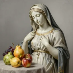 venus de milo masterpiece ultrarealistic ultradetailed painting of catholic veiled lady beside fruits, still life, greg rutkowski, immerse, slime, special effects makeup, maximalist, glittering, gold, ivory, hyperreal, golden ratio, alphonse mucha