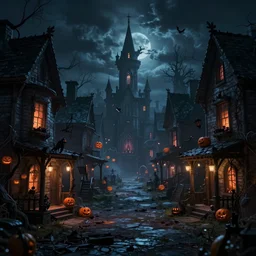 dark fantasy concept art of a neighbour hood view at night of a halloween decorated street, dynamic lighting, photorealistic, cinematic, ultra detailed, trending on art station, creepy, lonely vibe, stunning visuals, extreme detail, eery vibe