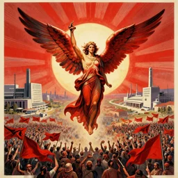 totalitarian socialist angel rising phoenix, bird's eye view, vanguardist alternate timeline, dawn red sunburst poster art, anarcho - communist heaven, red and black flags waving, revolutionary masses celebration, modernist factories in background, art by max ernst, cnt spanish civil war era propaganda, extremely detailed, 4 k