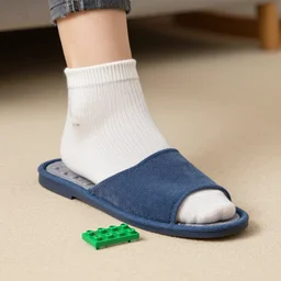 a woman foot without slippers and socks, that will step on a sharp lego