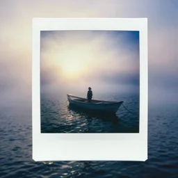 analog polaroid of a person alone on a boat in the sea, thick fog