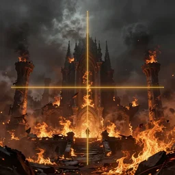 ruined kingdom burning ashes, heavy atmosphere, fire and smoke by greg rutkowski, rule of thirds, golden ratio, ambient lighting, wlop, artgerm, artstation, highly detailed masterpiece, dark fantasy art, high detail, trending on artstation