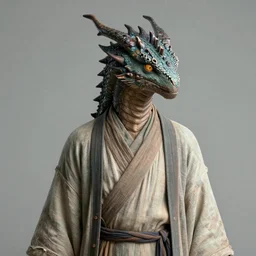 portrait of a draconid character, highly detailed, wearing simple robes, trending on art station, character concept art, by greg rutkowski and thomas kinkade