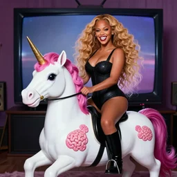 A portrait of special needs Beyoncé riding a brain damaged unicorn. Massive grin. Mad TV. cursed and haunted.