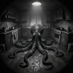 dark fog emo black, fisheye, naive, extra narrow, detailed illustration of an unlit kitchen, large floor, octopus shaped by rhads from lorax movie