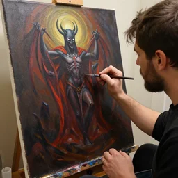 a photo of a artist painting of - an artist drawing a satanic ritual on canvas with oil paint -