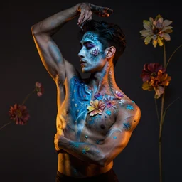 a portrait of a male dancer with body paint, fractal shapes, cinematic lighting, flowers,