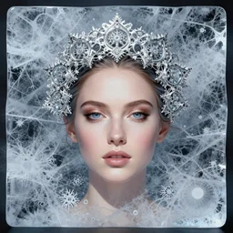 ice face fractal jewellery portrait of a woman, inspired by mandy jurgens, fractal crown, light make up, 4 k, high detailed, illustration