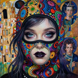 a close up of beautiful decora cybergoth emo girl wearing a balaclava surrounded by colourful intricate patterns, by gustave klimt edgar maxence and caravaggio and michael whelan, intricate painting, hyper realistic, extremely detailed and beautiful aesthetic face, 8 k resolution
