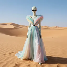 alien humanoid in givenchy prada dresses and sunglasses, haute couture, editorial photoshoot, pastel colors, high contrast, vivid, fashion photography, cinematic lightning, sand dunes, desert, wide shot, ultra realistic, portrait photography, 8 k, hd