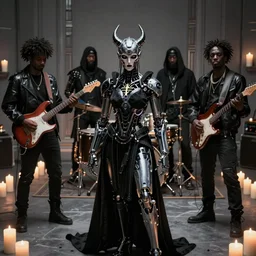 african cyberpunk black metal band, guitarists, bassist, drummer, vocalist, all black cyberpunk clothes, robotic prosthetic limbs, dermal implants, cyborg satan, futuristic, realistic, promo photograph, epk, in a room full of candles, high quality, highly detailed